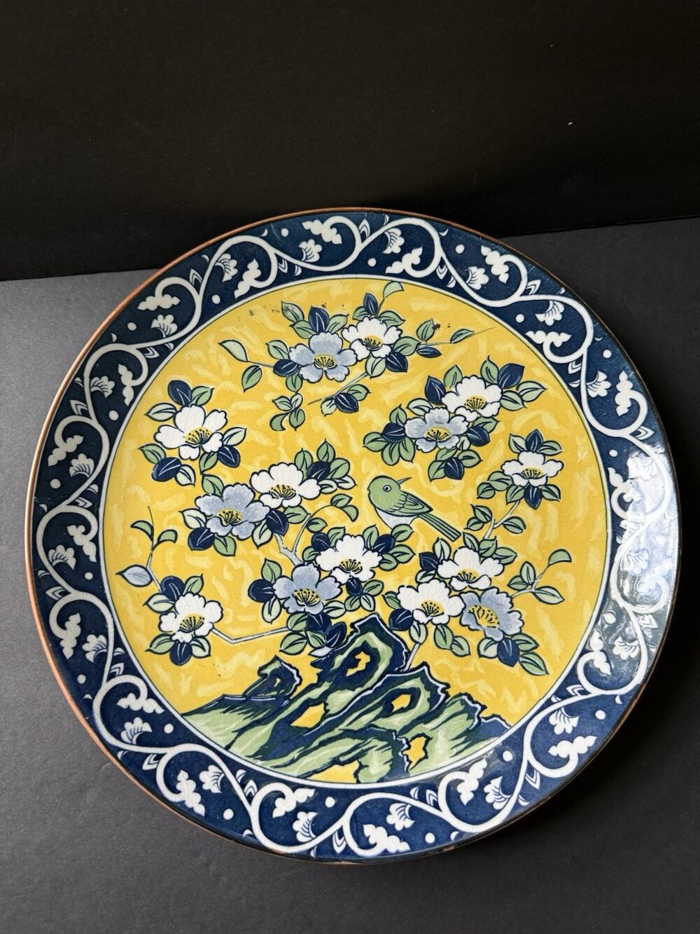Vintage Handpainted Japanese Serving Plate Flowers Bird Yellow Blue Asian